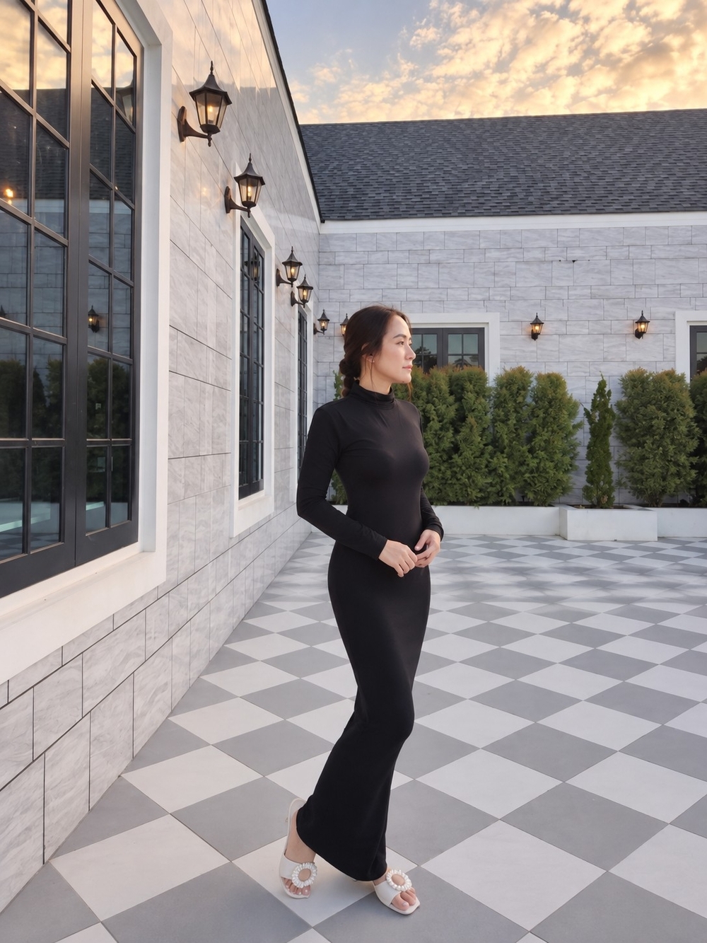 SHEIN Black Long Sleeve High-Neck Bodycon Maxi Dress